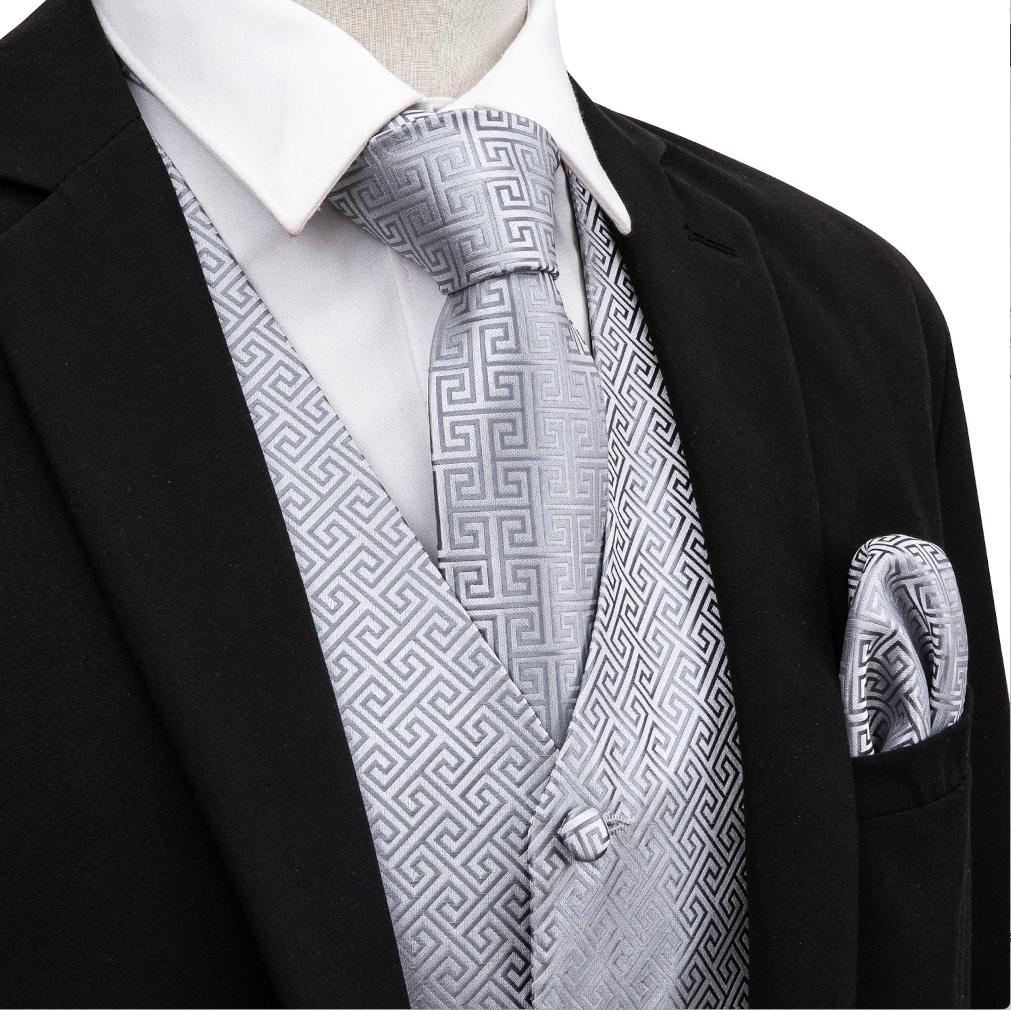 Grey Geometry Silk Vest Necktie Pocket square Cufflinks- MJ-2007 - SimonVon Shop