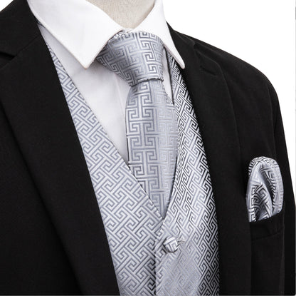 Grey Geometry Silk Vest Necktie Pocket square Cufflinks - MJ - 2007 - SimonVon Shop