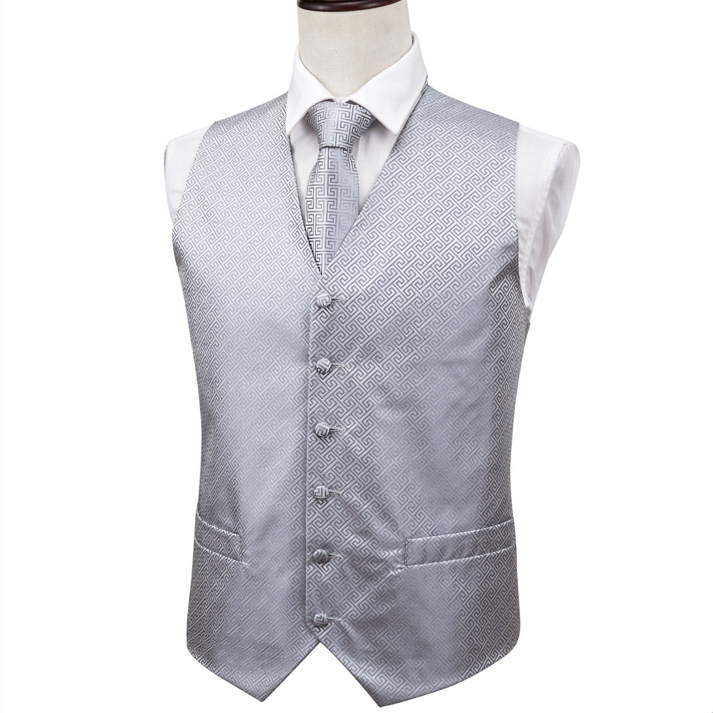 Grey Geometry Silk Vest Necktie Pocket square Cufflinks - MJ - 2007 - SimonVon Shop