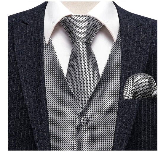 Grey Plaid Silk Men's Vest Hanky Cufflinks Tie Set Waistcoat Suit Set - MJ - 2524 - SimonVon Shop