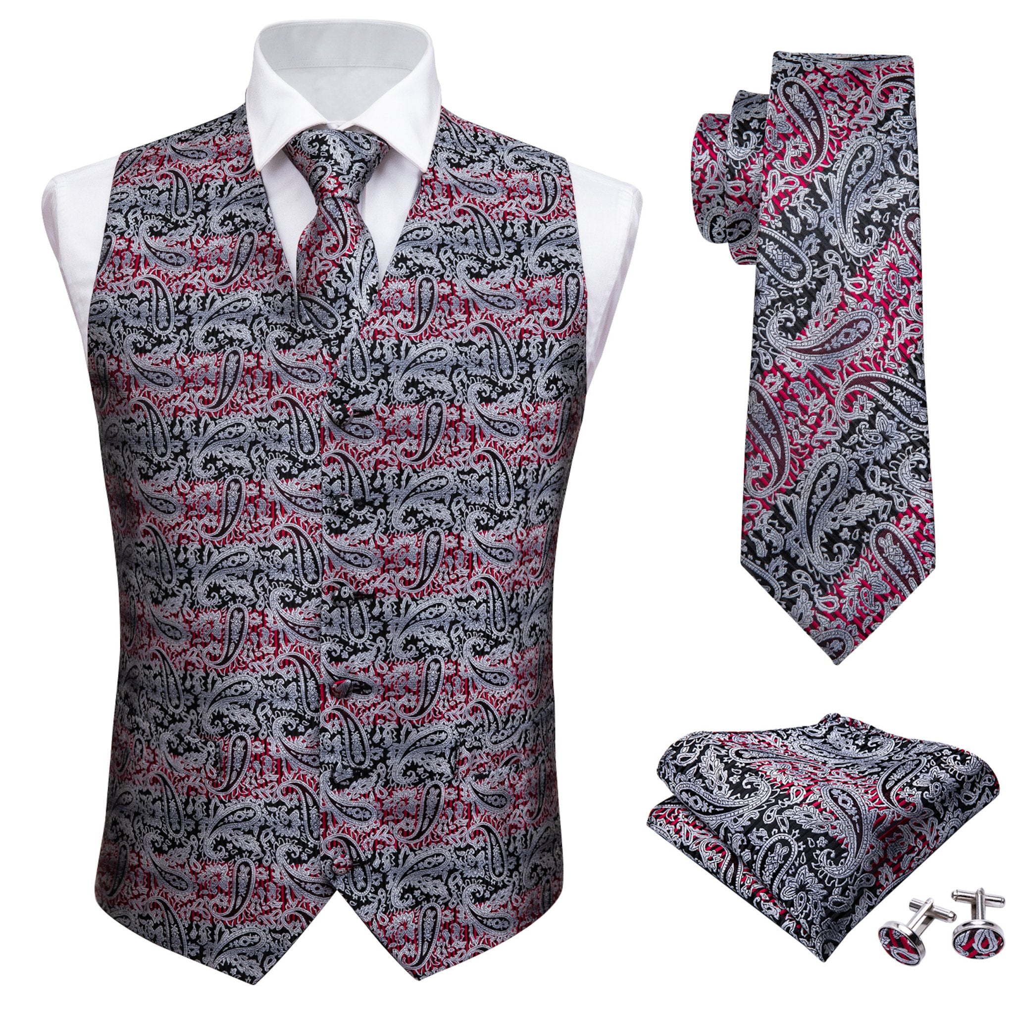 Grey Red Paisley Silk Men's Vest Hanky Cufflinks Tie Set Waistcoat Suit Set- MJ-2005 - SimonVon Shop