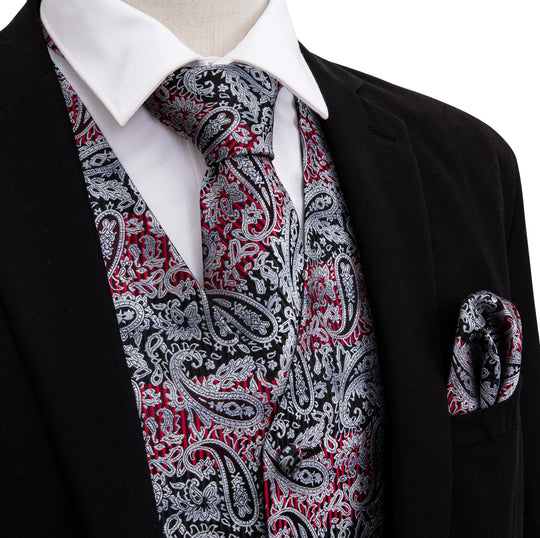 Grey Red Paisley Silk Men's Vest Hanky Cufflinks Tie Set Waistcoat Suit Set - MJ - 2005 - SimonVon Shop