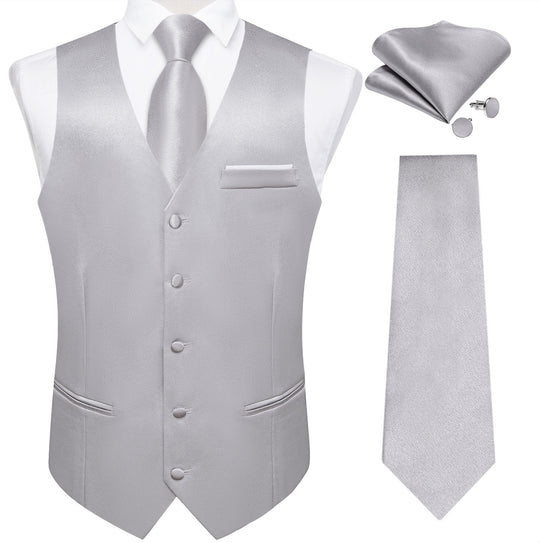 Grey Solid Satin Waistcoat Vest Tie Handkerchief Cufflinks Set - MJ - 0636 - SimonVon Shop