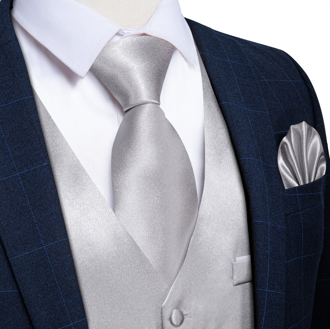 Grey Solid Satin Waistcoat Vest Tie Handkerchief Cufflinks Set - MJ - 0636 - SimonVon Shop