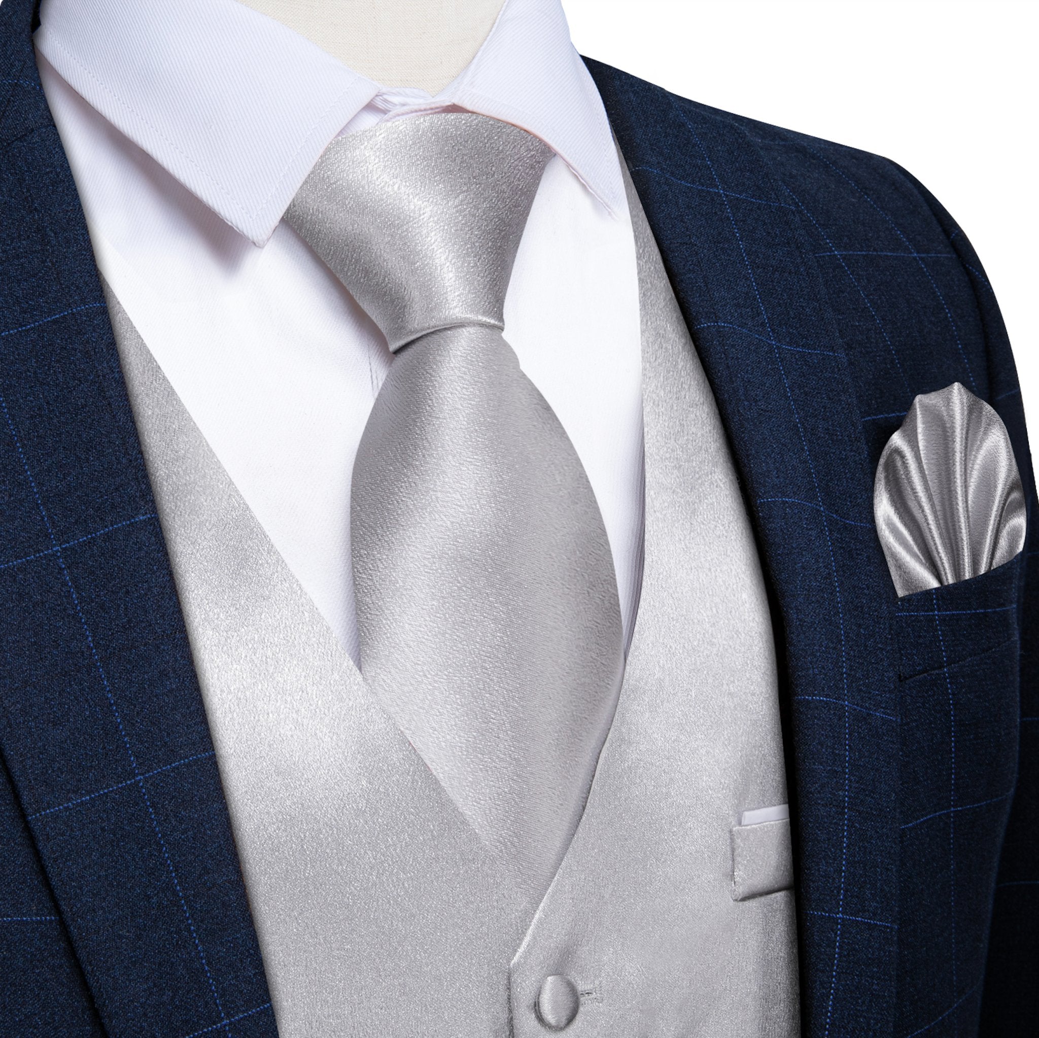 Grey Solid Satin Waistcoat Vest Tie Handkerchief Cufflinks Set- MJ-0636 - SimonVon Shop