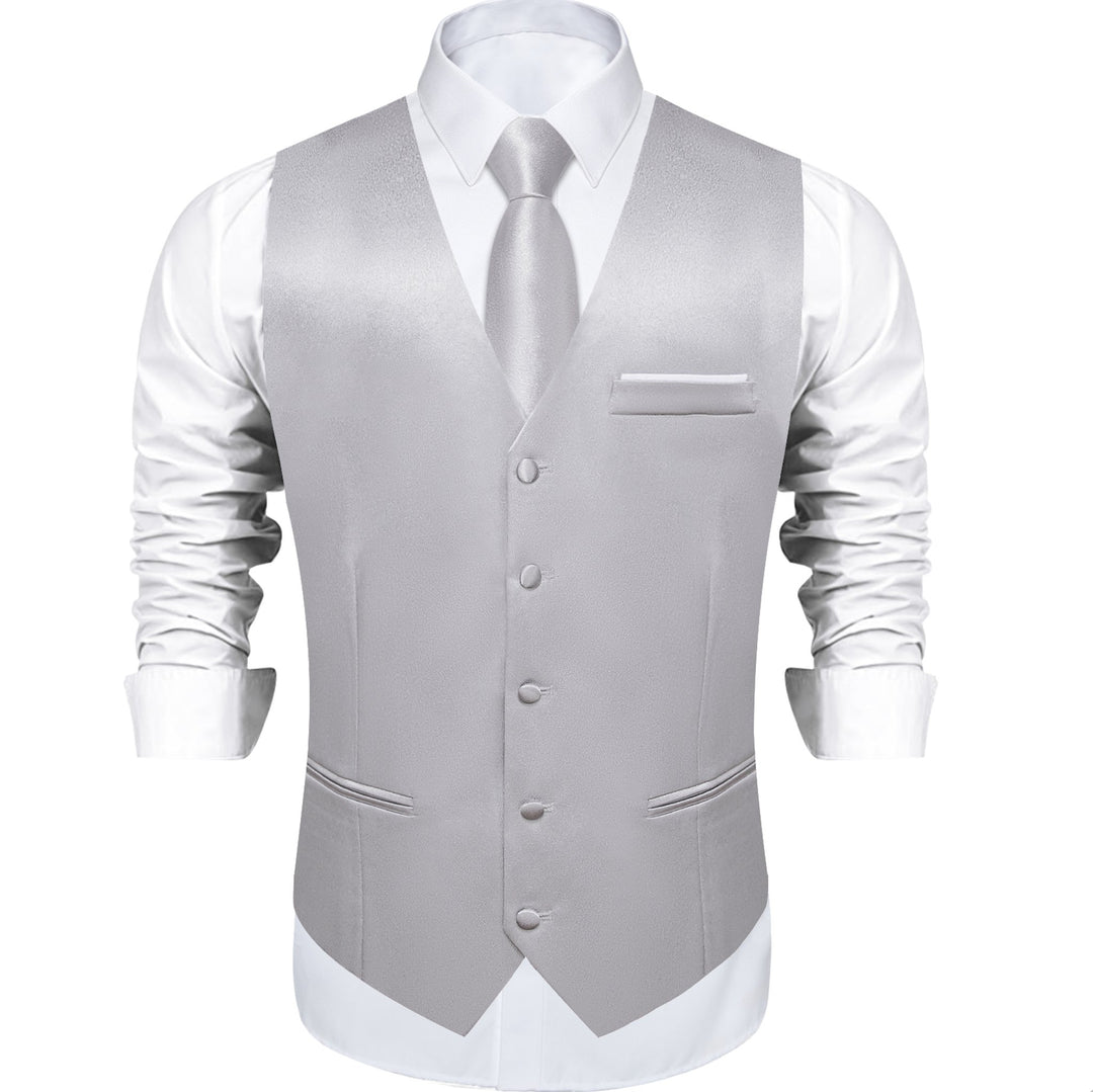 Grey Solid Satin Waistcoat Vest Tie Handkerchief Cufflinks Set - MJ - 0636 - SimonVon Shop