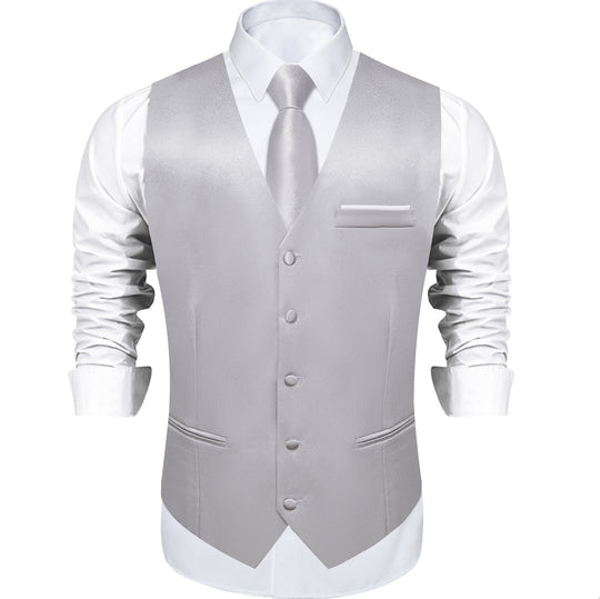 Grey Solid Satin Waistcoat Vest Tie Handkerchief Cufflinks Set - MJ - 0636 - SimonVon Shop