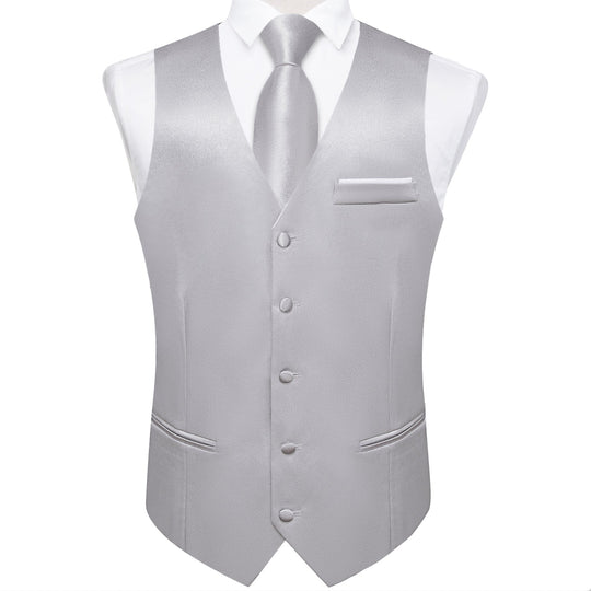 Grey Solid Satin Waistcoat Vest Tie Handkerchief Cufflinks Set - MJ - 0636 - SimonVon Shop