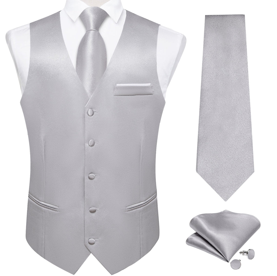 Grey Solid Satin Waistcoat Vest Tie Handkerchief Cufflinks Set - MJ - 0636 - SimonVon Shop