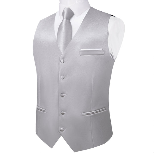 Grey Solid Satin Waistcoat Vest Tie Handkerchief Cufflinks Set - MJ - 0636 - SimonVon Shop