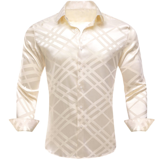 Ivory Plaid Striped Silk Men's Shirt - CY - 0695 - SimonVon Shop