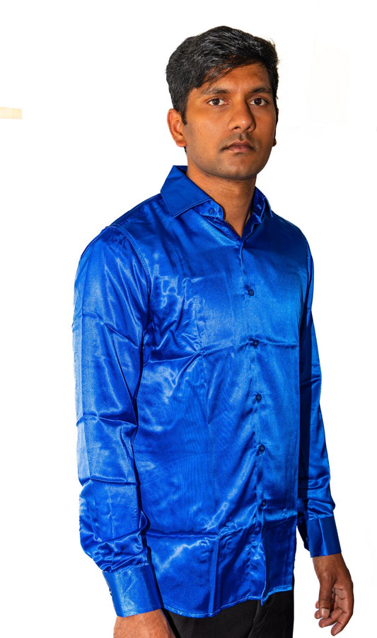 Klein Blue Solid Satin Silk Men's Long Sleeve Dress Shirt - CY - 0539 - SimonVon Shop