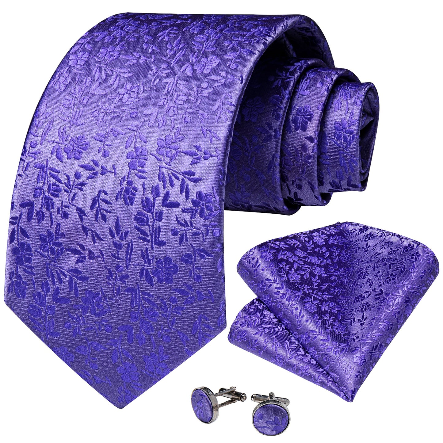 Lavender Purple Floral Tie Pocket Square Cufflinks Set - N - 7266 - SimonVon Shop