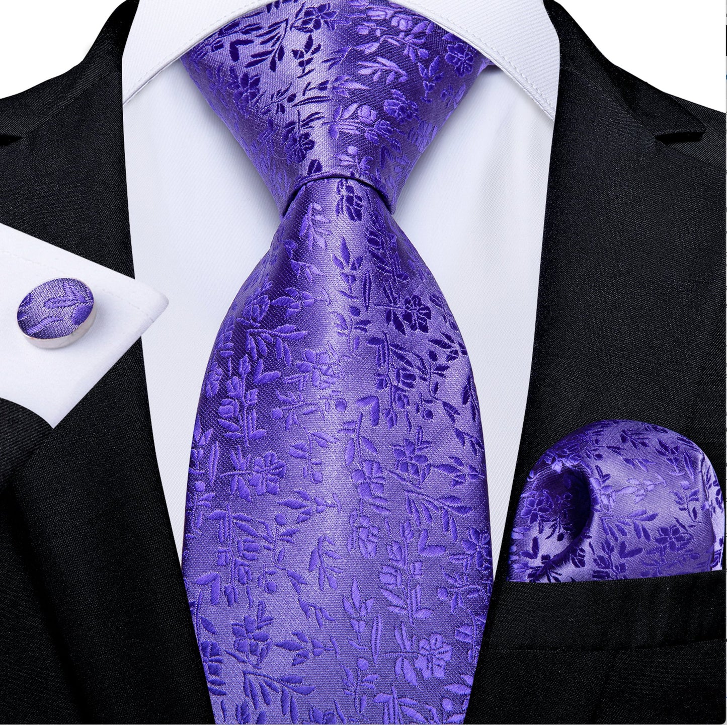 Lavender Purple Floral Tie Pocket Square Cufflinks Set - N - 7266 - SimonVon Shop