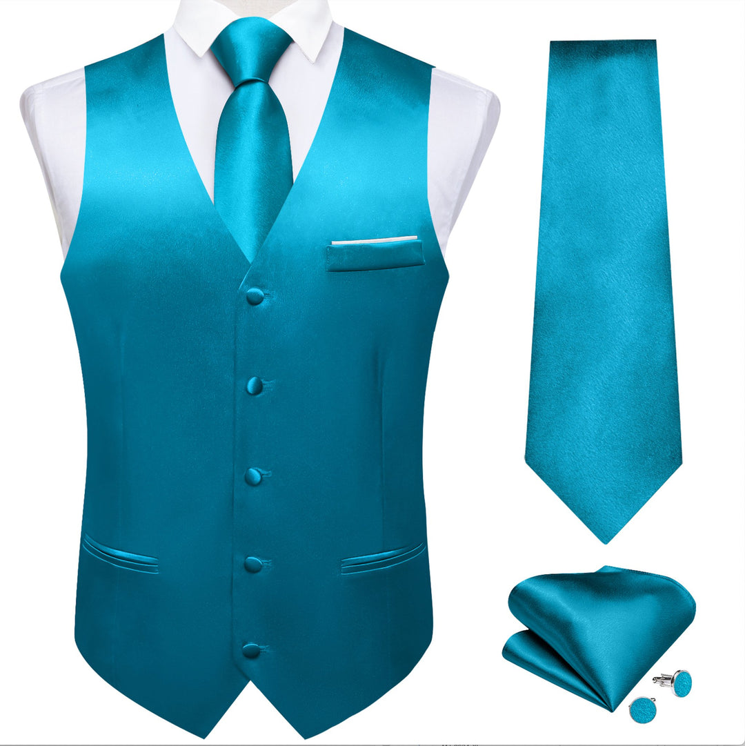 Light Blue Solid Satin Waistcoat Vest Tie Handkerchief Cufflinks Set - MJ - 0635 - SimonVon Shop