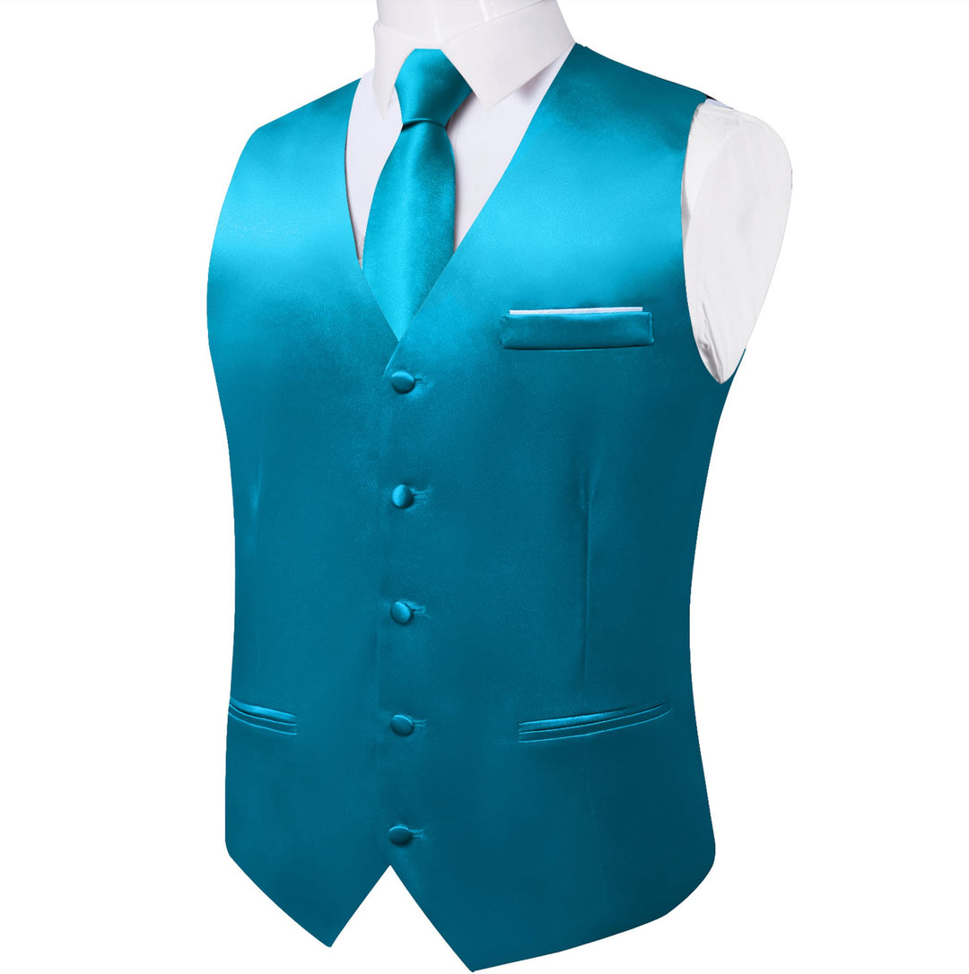 Light Blue Solid Satin Waistcoat Vest Tie Handkerchief Cufflinks Set - MJ - 0635 - SimonVon Shop