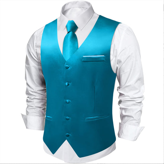 Light Blue Solid Satin Waistcoat Vest Tie Handkerchief Cufflinks Set - MJ - 0635 - SimonVon Shop