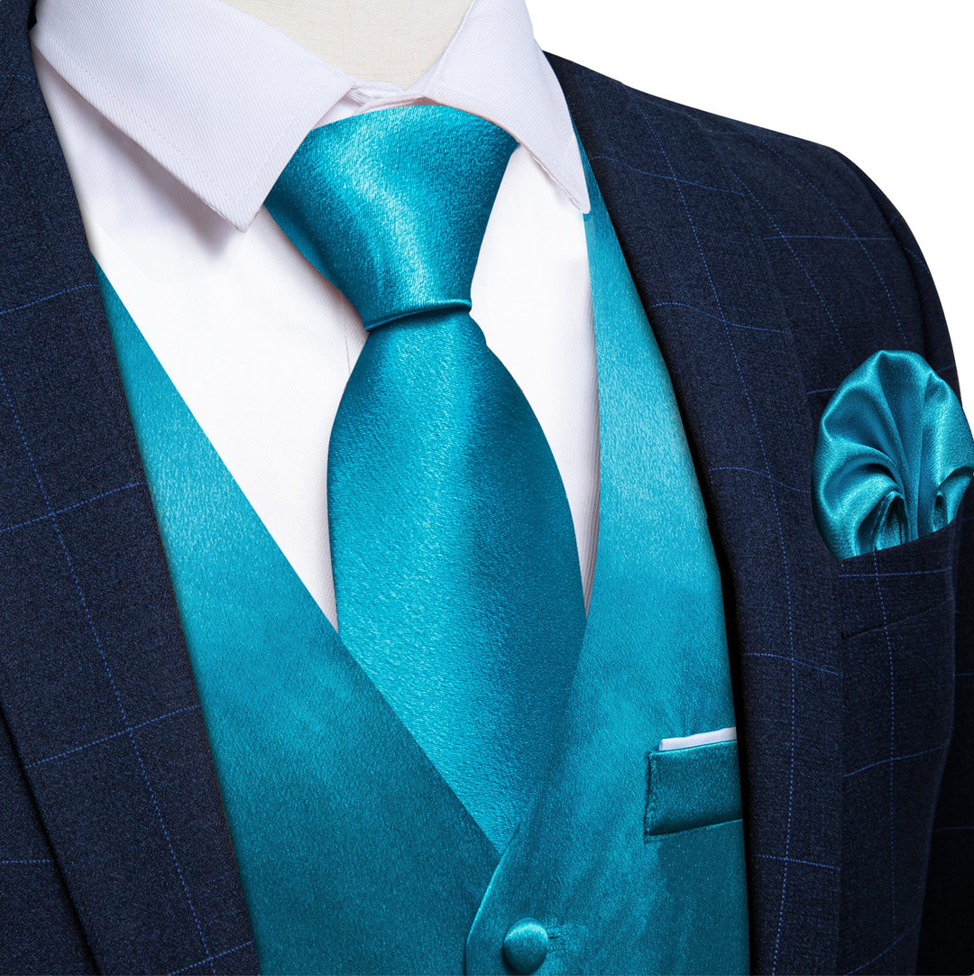 Light Blue Solid Satin Waistcoat Vest Tie Handkerchief Cufflinks Set - MJ - 0635 - SimonVon Shop