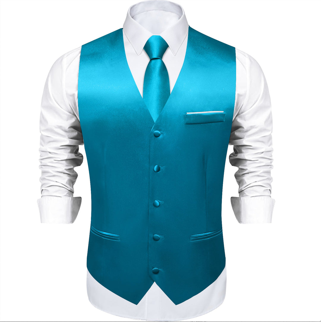 Light Blue Solid Satin Waistcoat Vest Tie Handkerchief Cufflinks Set - MJ - 0635 - SimonVon Shop