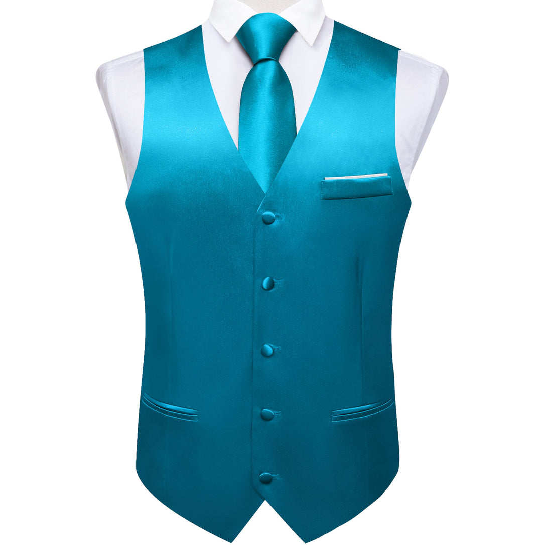 Light Blue Solid Satin Waistcoat Vest Tie Handkerchief Cufflinks Set - MJ - 0635 - SimonVon Shop