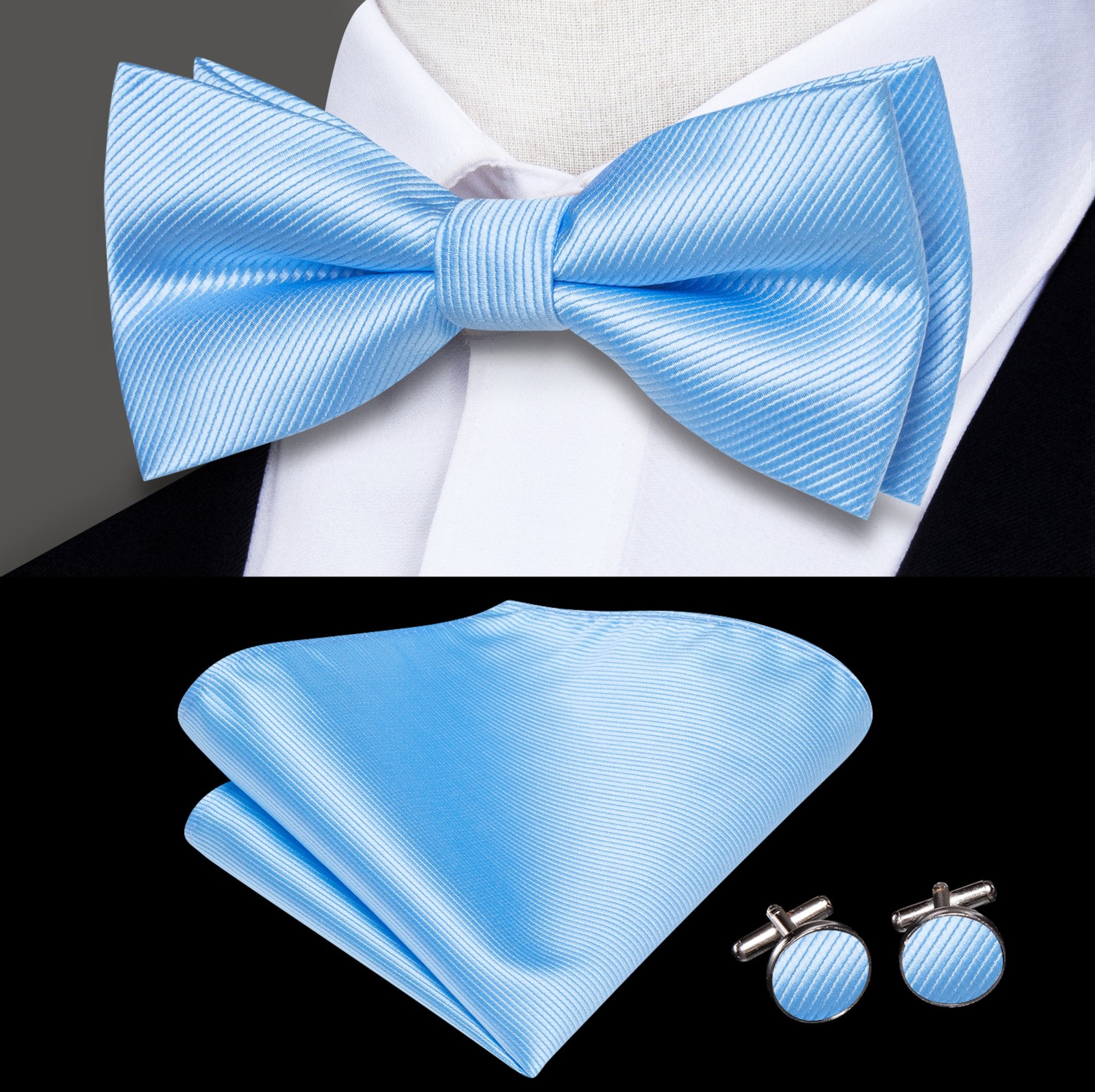 Light Blue Striped Pre-tied Bow Tie Hanky Cufflinks Set-LH-2514 - SimonVon Shop