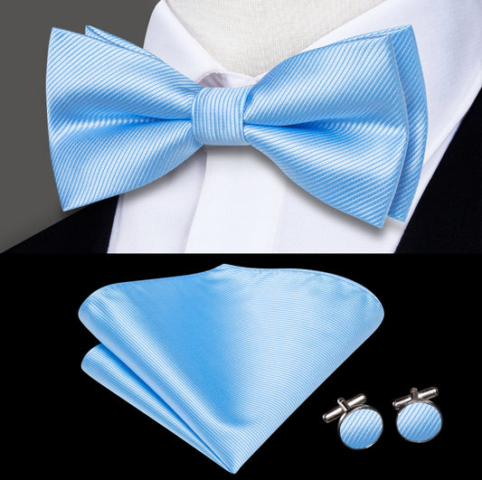 Light Blue Striped Pre - tied Bow Tie Hanky Cufflinks Set - LH - 2514 - SimonVon Shop