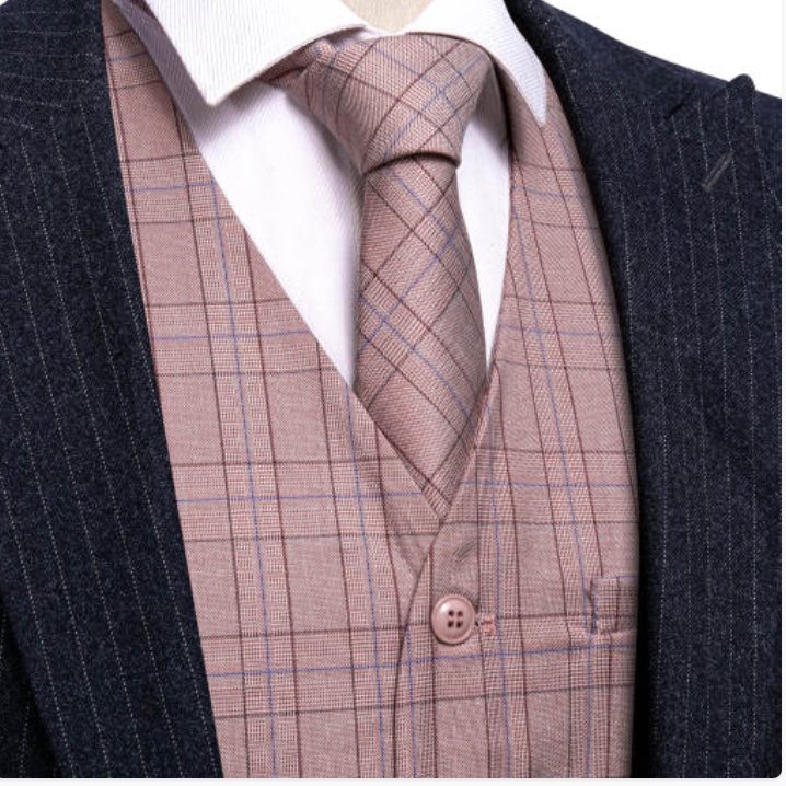 Light Pink Plaid Mens Waistcoat Wool Blend Tailored Collar/V-neck 3 Pocket Check Vest -MD-2324 - SimonVon Shop