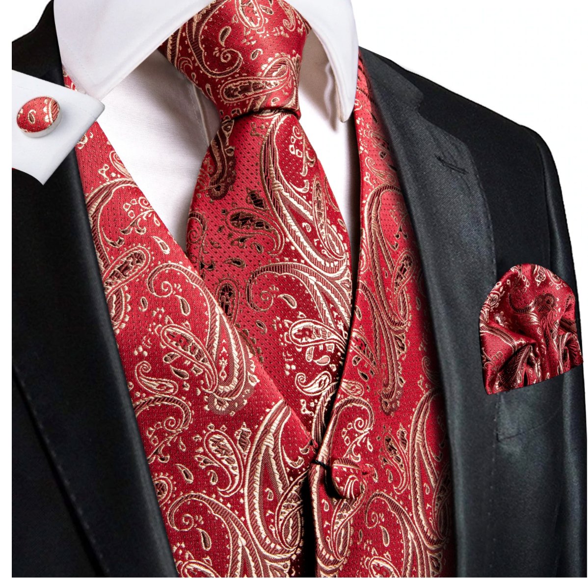 Light Red Paisley Silk Men's Vest Hanky Cufflinks Tie Set Waistcoat Set-MJ-0035 - SimonVon Shop