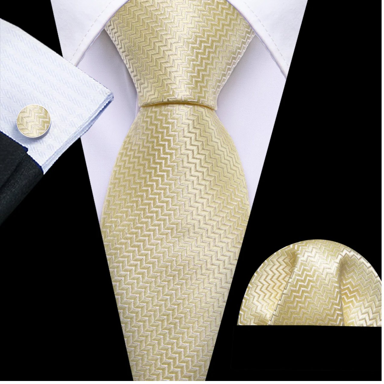 Light Yellow Ripple Silk 63 Inches Extra Long Tie Hanky Cufflinks Set- N-9558 - SimonVon Shop