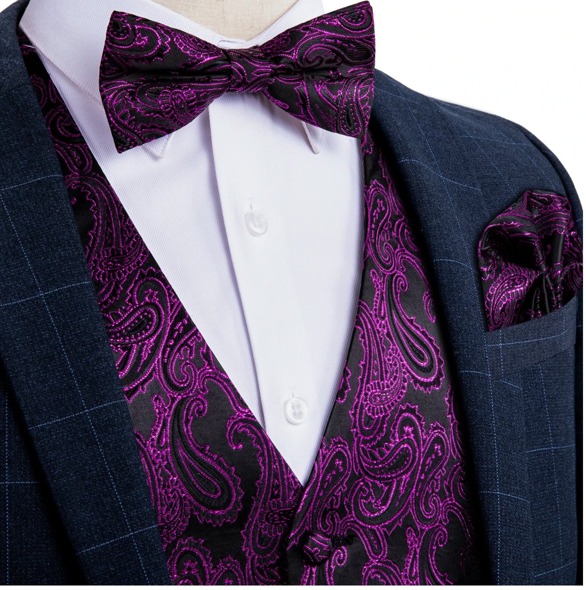 Luxury Black Marron Paisley Silk Men's Vest Bow Tie Hanky Cufflinks Set.MJ-2072 - SimonVon Shop
