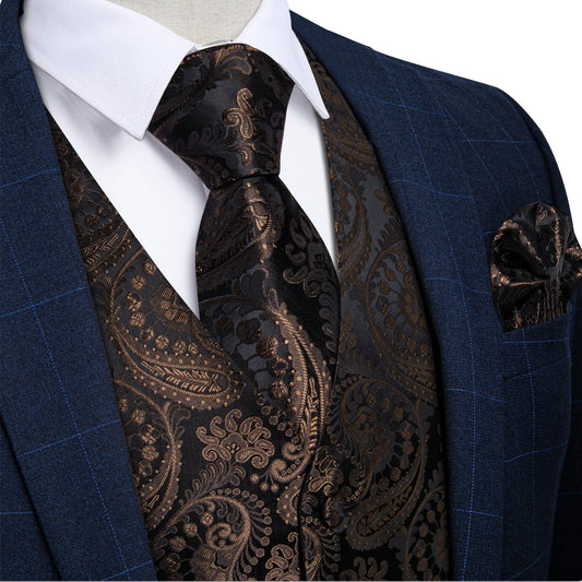 Luxury Brown Black Paisley Silk Men's Vest Hanky Cufflinks Tie Set Waistcoat Suit Set - MJ - 0609 - SimonVon Shop