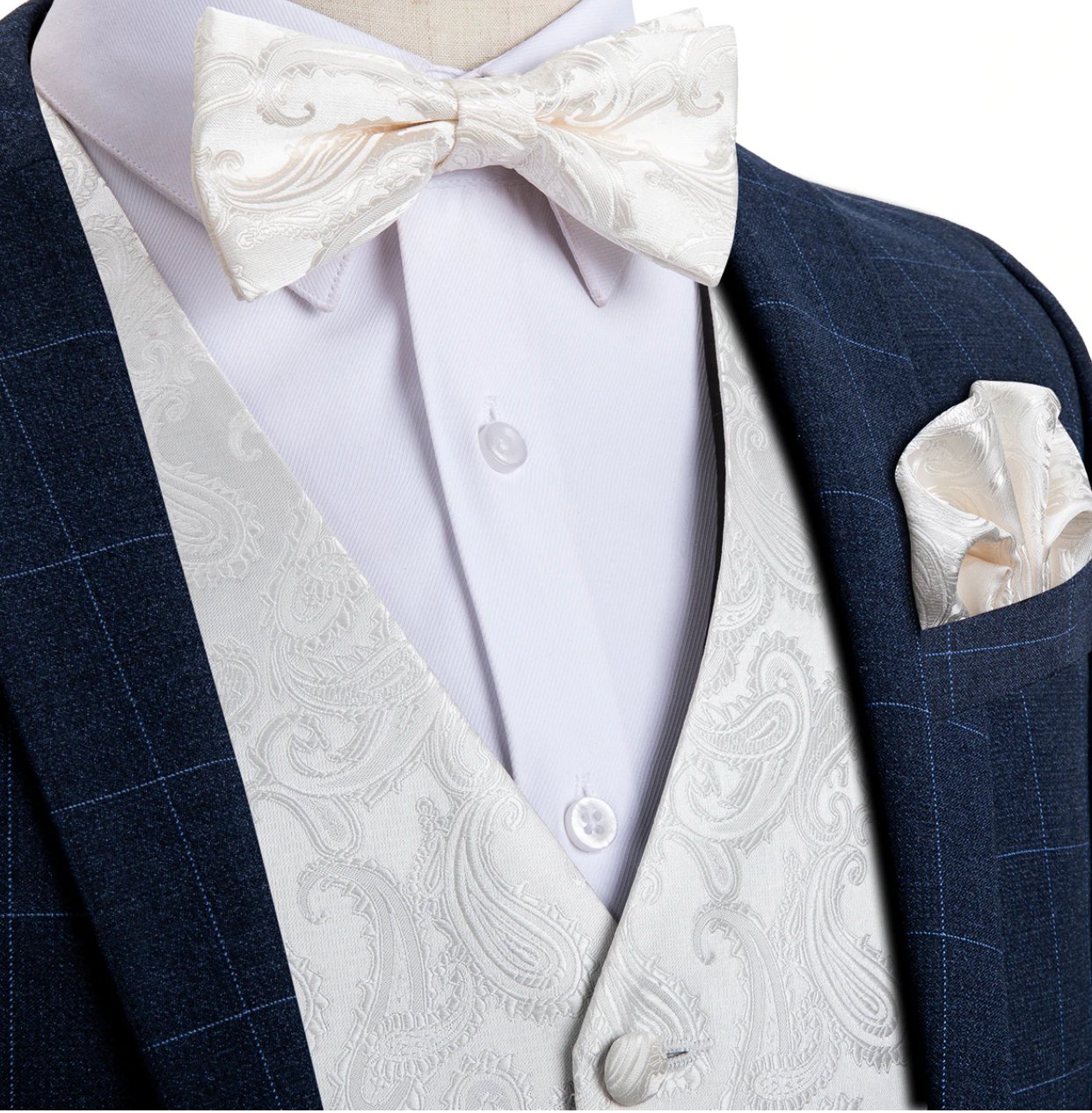 Luxury Cream White Floral Silk Paisley Men's 4pc Waistcoat Vest Bow Tie Pocket Square Cufflinks Set -MJ-0118 - SimonVon Shop