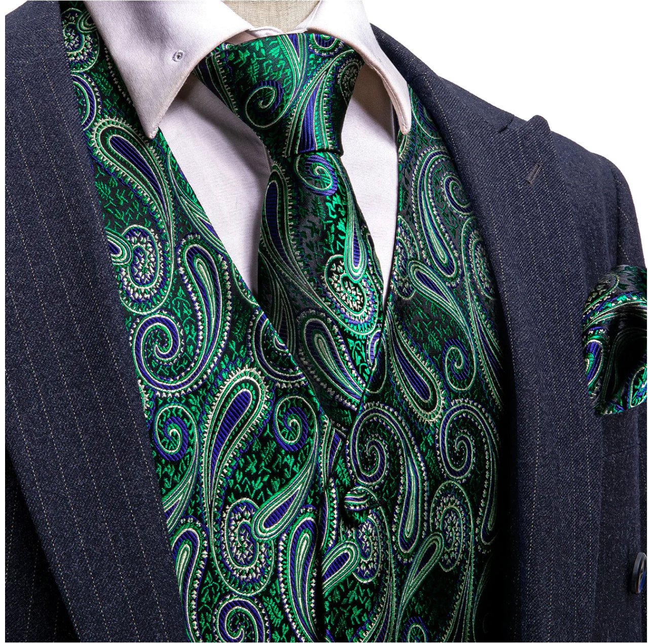 Luxury Green Blue Paisley Silk V Neck Vest Tie Pocket Square Cufflinks Set- MJ-2572 - SimonVon Shop