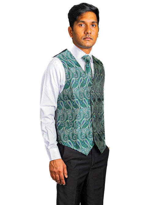 Luxury Green Blue Paisley Silk V Neck Vest Tie Pocket Square Cufflinks Set - MJ - 2572 - SimonVon Shop