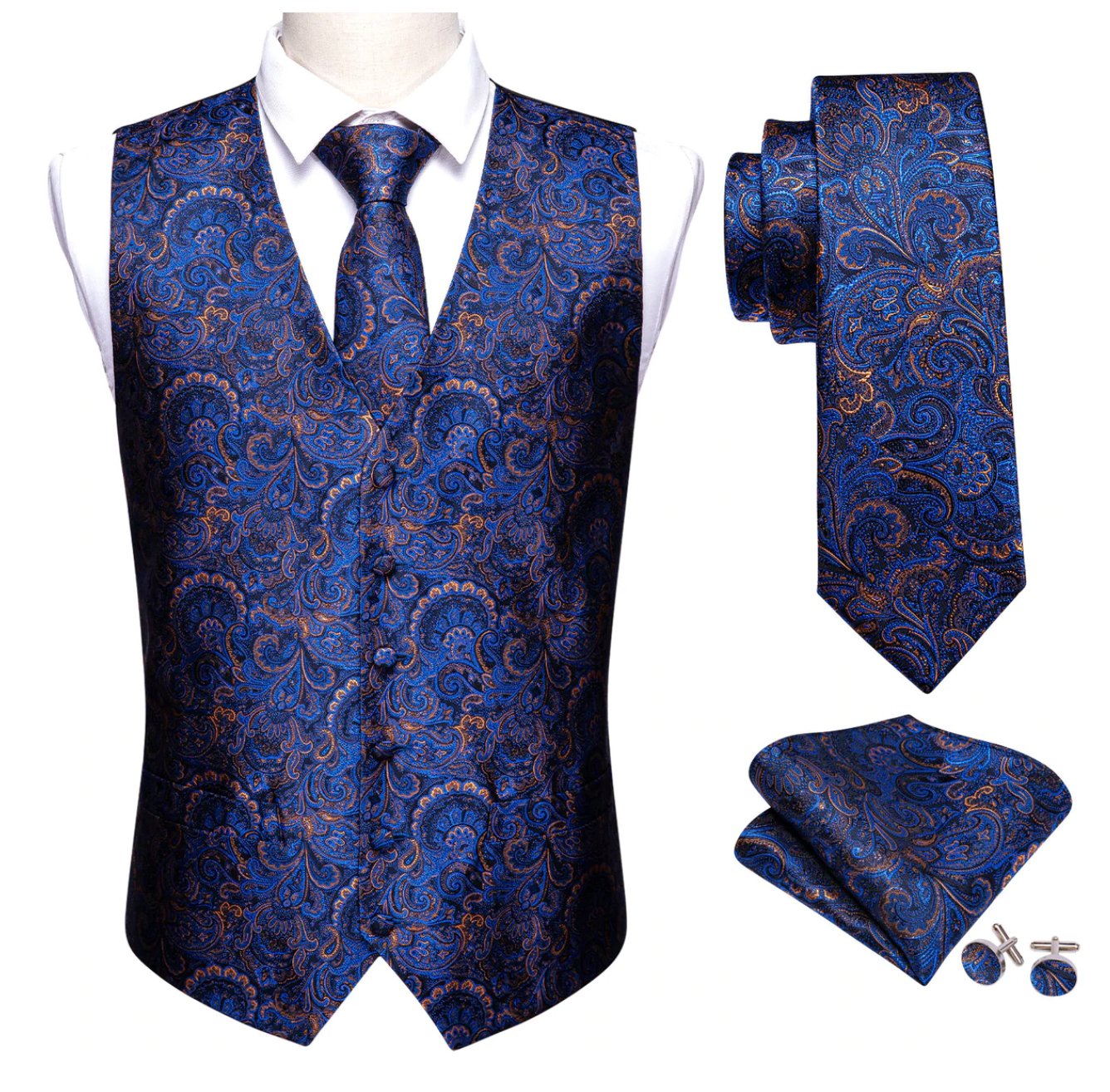 Luxury Men's Blue Paisley Silk Vest Necktie Pocket square Cufflinks.MJ - 2052 - SimonVon Shop