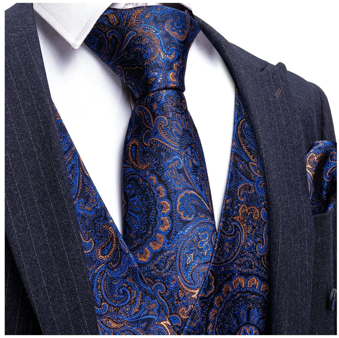 Luxury Men's Blue Paisley Silk Vest Necktie Pocket square Cufflinks.MJ - 2052 - SimonVon Shop