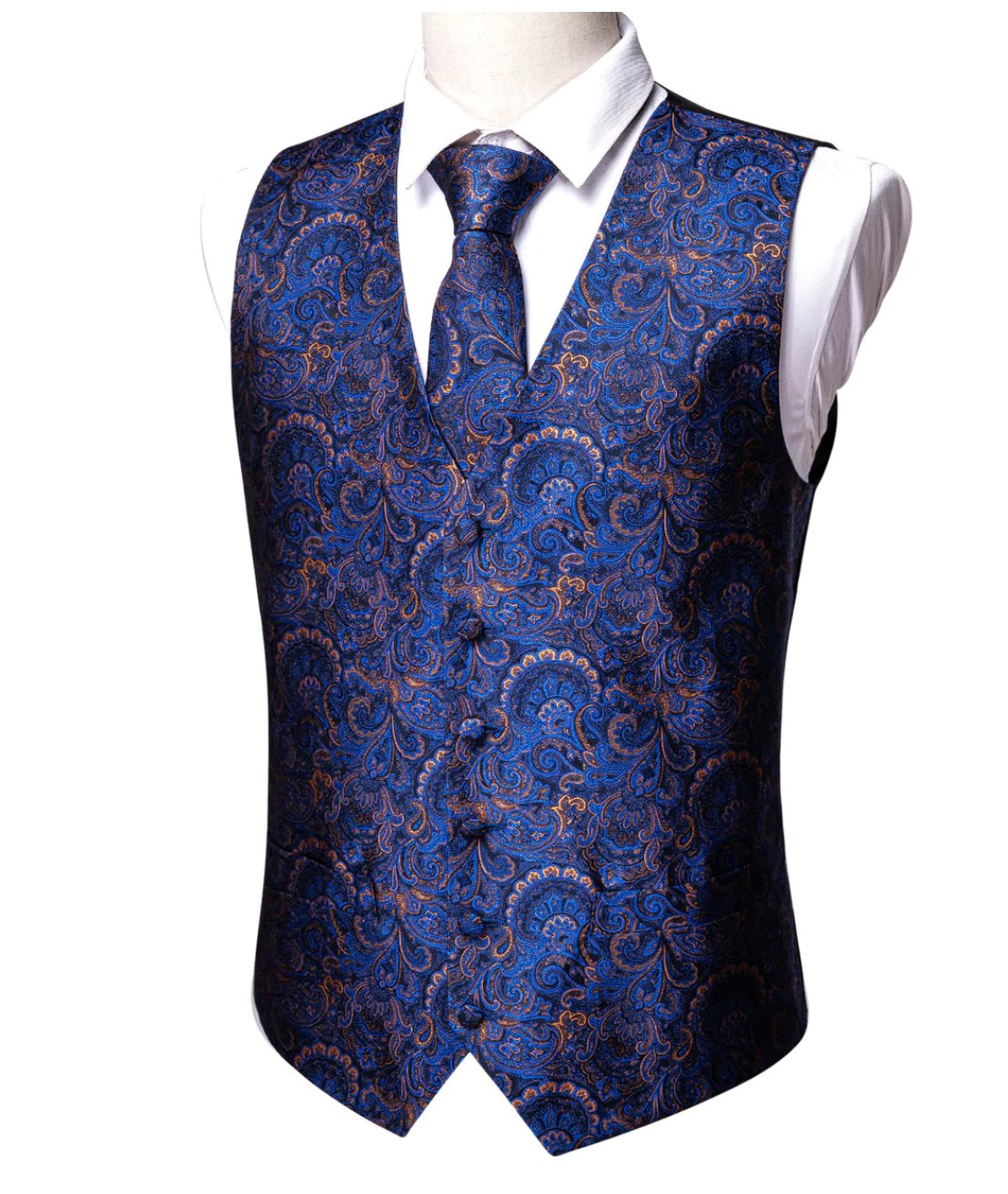 Luxury Men's Blue Paisley Silk Vest Necktie Pocket square Cufflinks.MJ - 2052 - SimonVon Shop