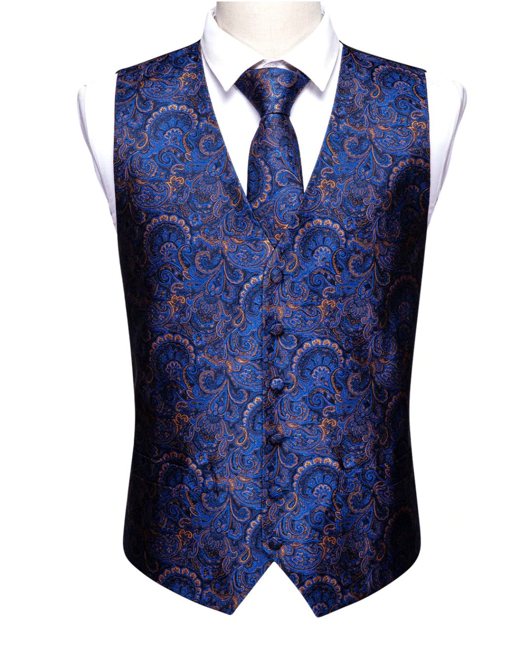 Luxury Men's Blue Paisley Silk Vest Necktie Pocket square Cufflinks.MJ - 2052 - SimonVon Shop