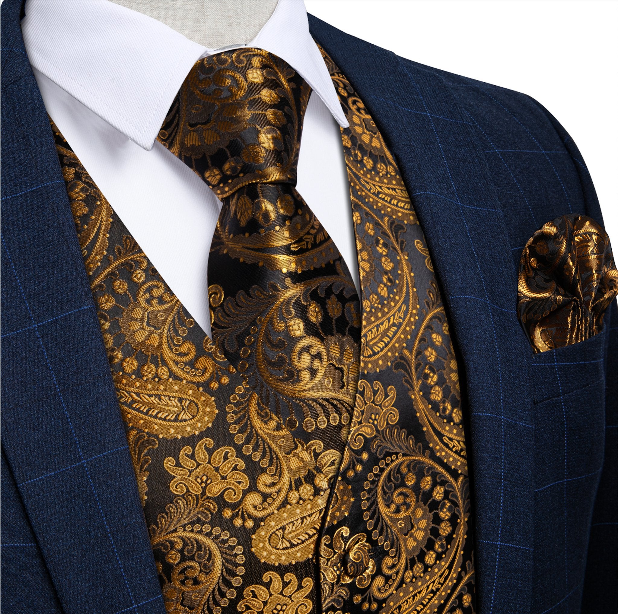 Luxury Men's Novelty Gold Black Paisley Silk Vest Tie Cufflinks Hanky Set - MJ-0610 - SimonVon Shop