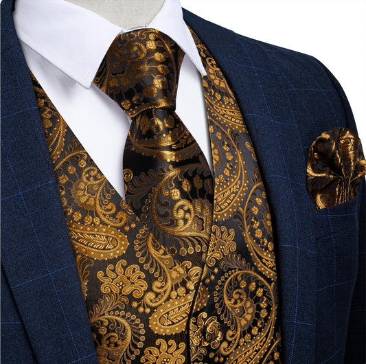 Luxury Men's Novelty Gold Black Paisley Silk Vest Tie Cufflinks Hanky Set - MJ - 0610 - SimonVon Shop