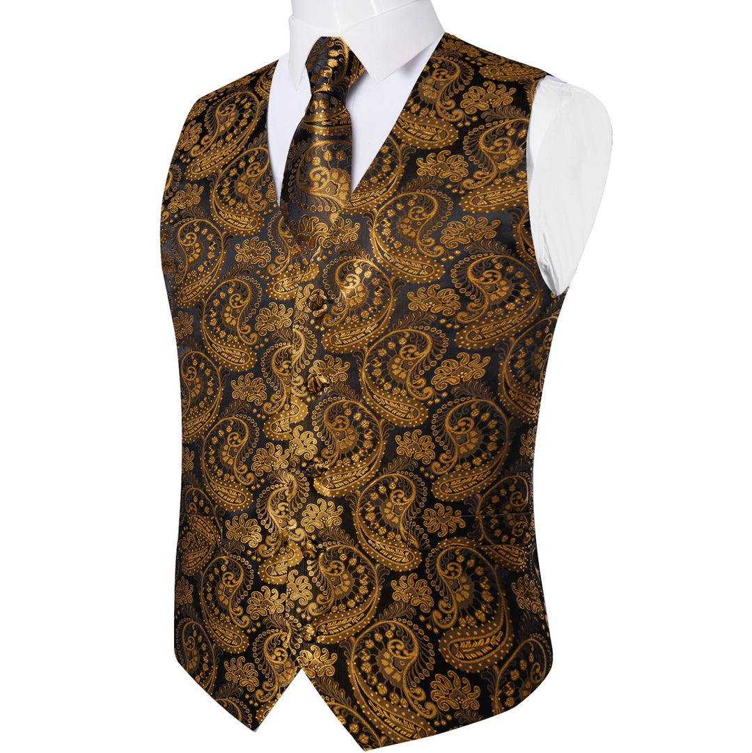 Luxury Men's Novelty Gold Black Paisley Silk Vest Tie Cufflinks Hanky Set - MJ - 0610 - SimonVon Shop