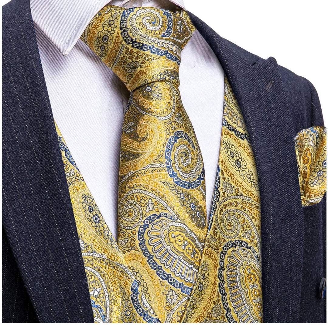 Luxury Men's Yellow Blue Paisley Silk Vest Necktie Pocket Square Cufflinks Set - MJ - 2050 - SimonVon Shop