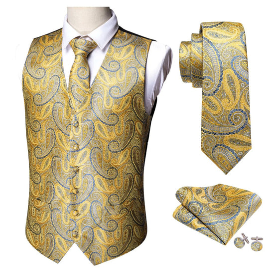Luxury Men's Yellow Blue Paisley Silk Vest Necktie Pocket Square Cufflinks Set - MJ - 2050 - SimonVon Shop
