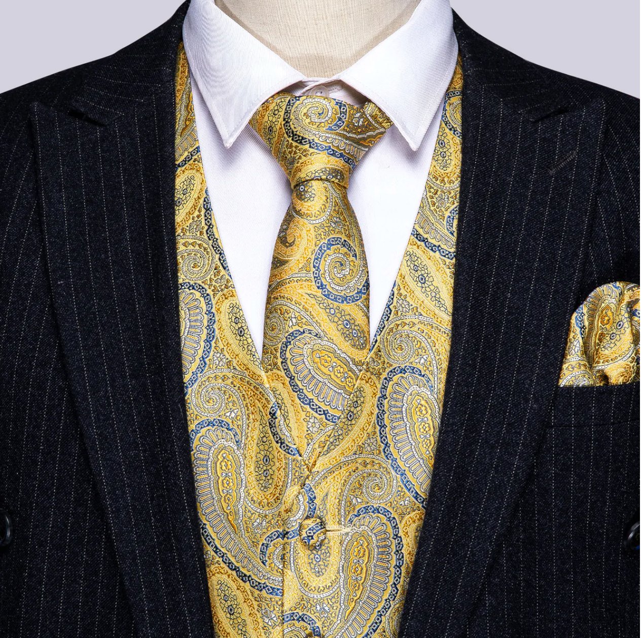 Luxury Men's Yellow Blue Paisley Silk Vest Necktie Pocket Square Cufflinks Set- MJ-2050 - SimonVon Shop