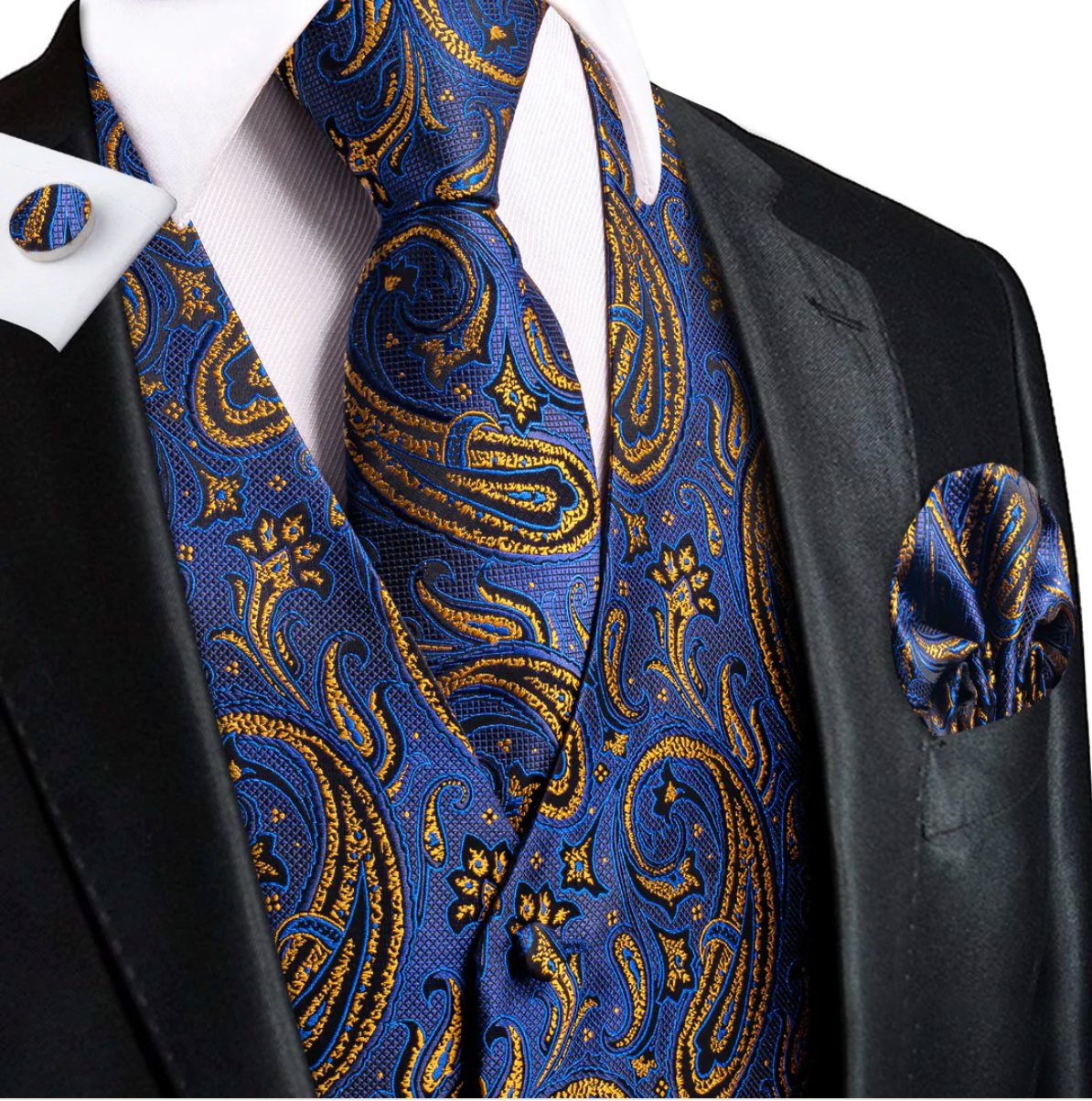 Luxury Royal Blue Golden Paisley Silk Men's Vest Hanky Cufflinks Tie Set Waistcoat Suit Set- MJ-3032 - SimonVon Shop