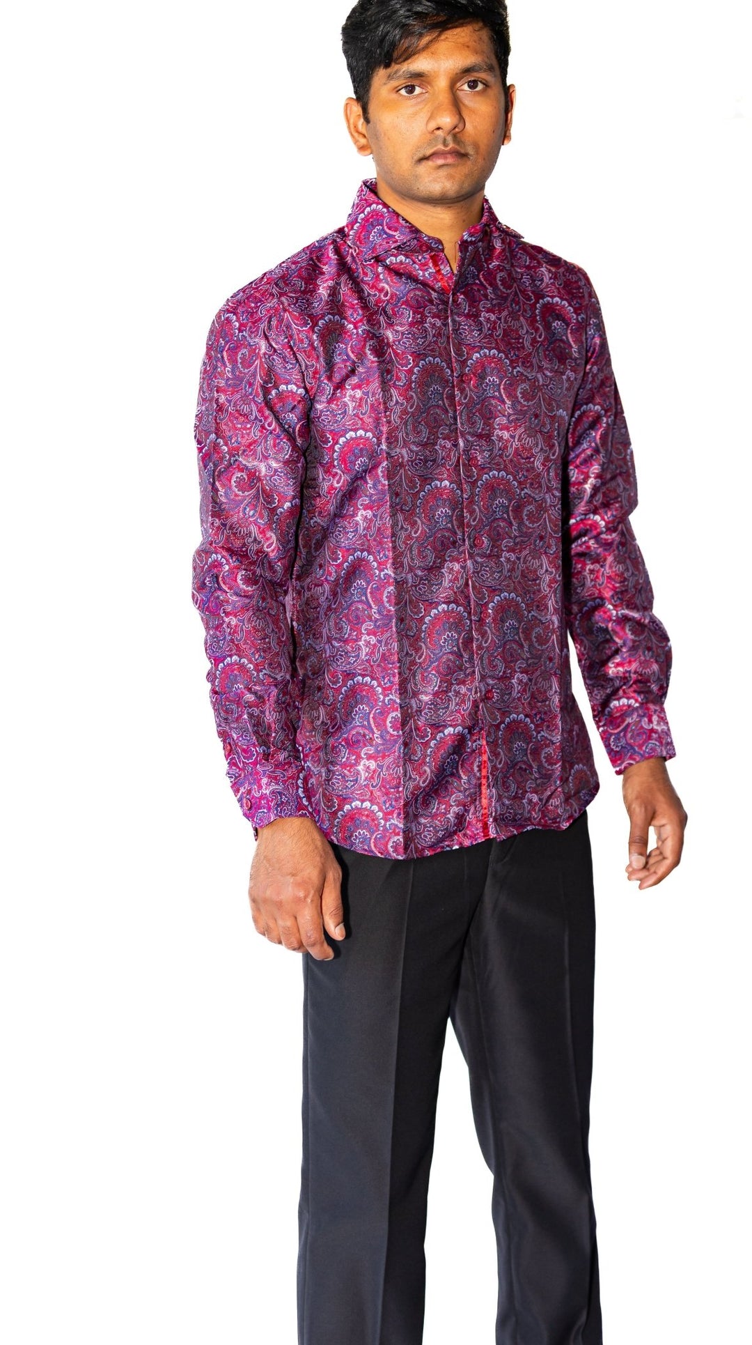 Maroon Blue Paisley Silk Men's Shirt- CY-0042 - SimonVon Shop