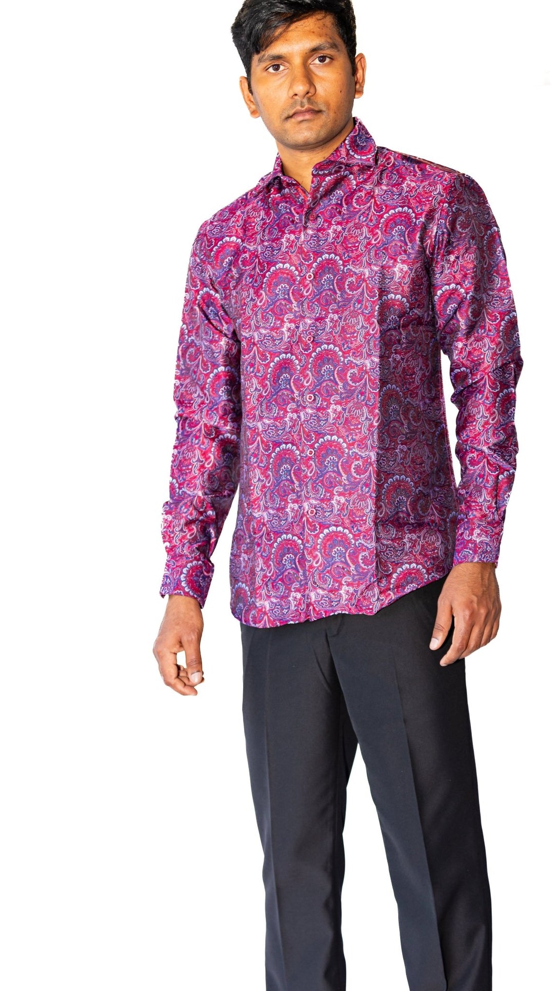 Maroon Blue Paisley Silk Men's Shirt- CY-0042 - SimonVon Shop