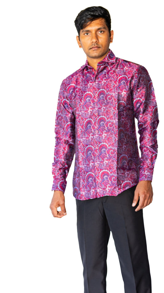 Maroon Blue Paisley Silk Men's Shirt - CY - 0042 - SimonVon Shop