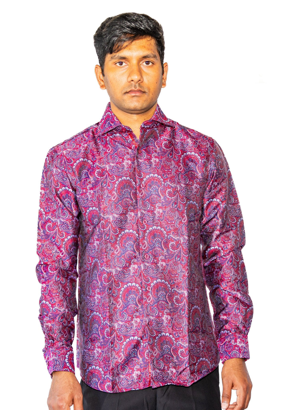 Maroon Blue Paisley Silk Men's Shirt- CY-0042 - SimonVon Shop