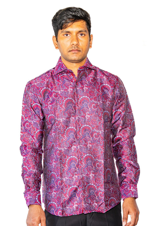 Maroon Blue Paisley Silk Men's Shirt- CY-0042 - SimonVon Shop